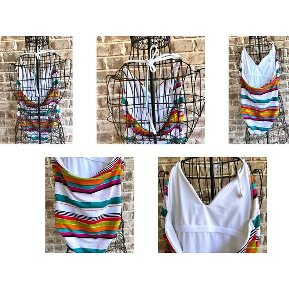 LOFT Beach Swimsuit Size 4 Striped One Piece Halter Shelf Bra V Neck New… - Picture 10 of 12